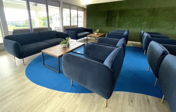 Blue velvet sofa small